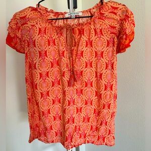 Bright Orange Printed Blouse with Tassel Tie Neck and Short Ruffle Sleeves